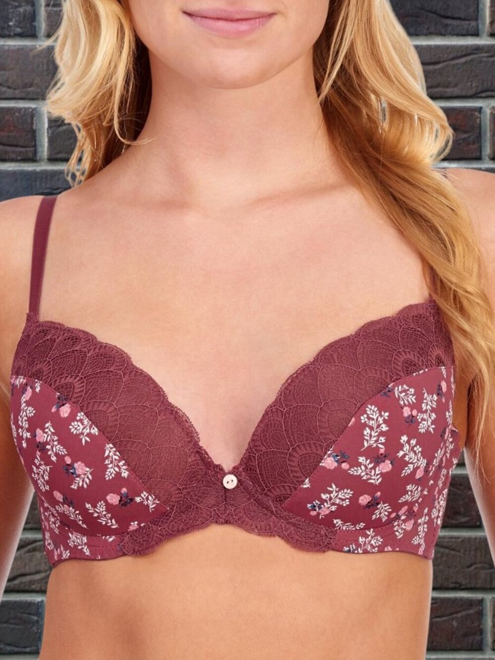 NWT Laura Ashley Bra Push Up 36C Auburn Red Floral Print Lace Lined UW 5460-84